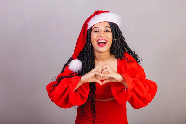 Mujer Negra Brasileña Vestida Con Ropa Navidad Feliz Navidad Sonriente — Foto de Stock