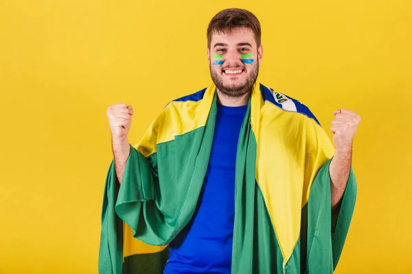 Caucasian Man Soccer Fan Brazil Vibrating Extremely Happy Joyful Trusting — Stock Photo, Image