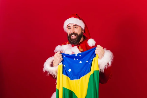 Brasiliansk Jultomte Ung Kaukasisk Man Med Brasiliansk Flagga — Stockfoto