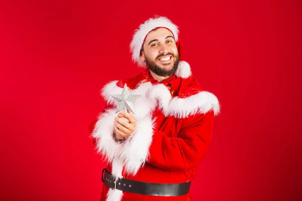 Brazilský Muž Oblečený Santa Claus Oblečení Drží Vánoční Hvězda — Stock fotografie