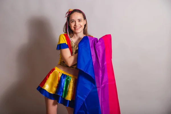 Beautiful Caucasian Brazilian Woman Wearing Frevo Carnival Clothes Frevo Parasol — Stock Photo, Image