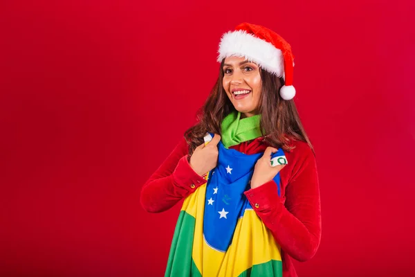 Όμορφη Βραζιλιάνα Ντυμένη Χριστουγεννιάτικα Ρούχα Άγιε Βασίλη Σημαία Brazil — Φωτογραφία Αρχείου
