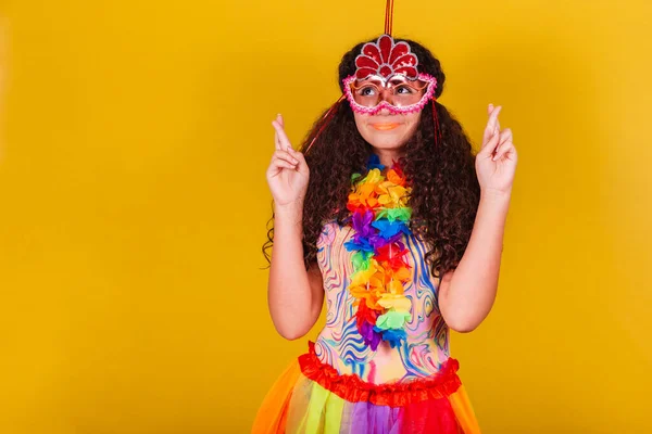 Caucasian Brazilian Girl Dressed Carnival Fingers Crossed Wishing Hoping Hopeful — Stock Photo, Image