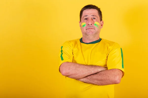 Adult Man Soccer Fan Brazil His Arms Crossed — Stock Photo, Image