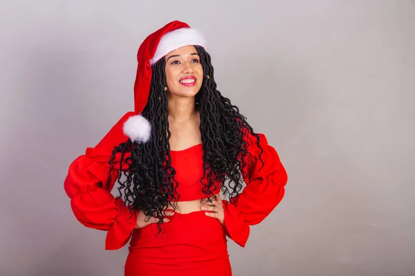 Mujer Negra Brasileña Vestida Con Ropa Navidad Feliz Navidad Con — Foto de Stock