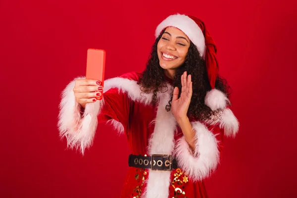 Beautiful Brazilian Black Woman Dressed Santa Claus Christmas Clothes Video — Stock Photo, Image