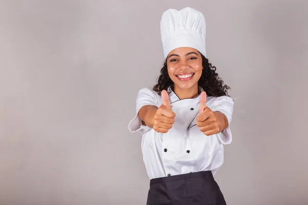 Young Black Brazilian Woman Cook Masterchef Sign Thumbs Approval — Stock Photo, Image