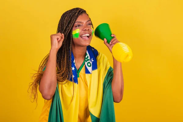 Femme Noire Jeune Fan Football Brésilien Célébrer Danser Célébrer Championnat — Photo