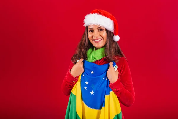 Noel Kıyafetleri Giymiş Güzel Brezilyalı Kadın Noel Baba Brezilya Bayrağı — Stok fotoğraf