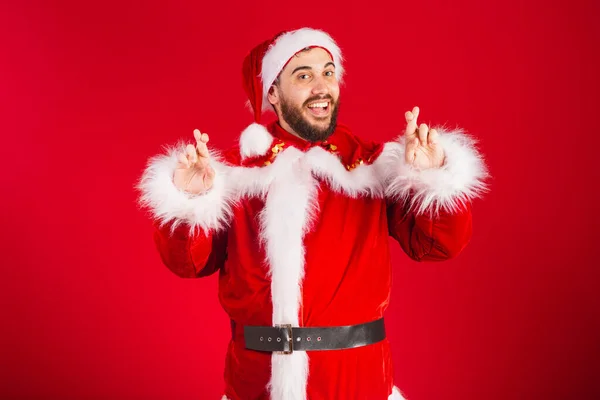 Brazilian Man Dressed Santa Claus Clothes Sign Luck Wishing Fingers — Stock Photo, Image