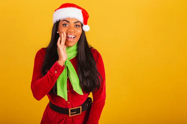 Krásná Černá Brazilská Žena Oblečená Vánočních Šatech Santa Claus Vyznání — Stock fotografie