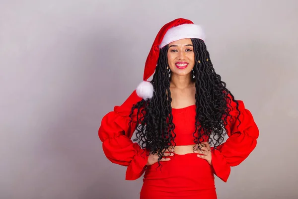 Mulher Negra Brasileira Vestindo Roupas Natal Feliz Natal Com Mãos — Fotografia de Stock