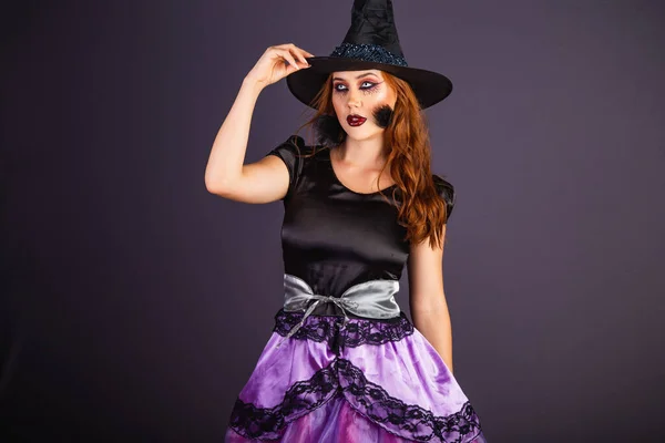 Halloween Rehearsal Caucasian Woman Wearing Witch Costume His Hand His — Stock Photo, Image