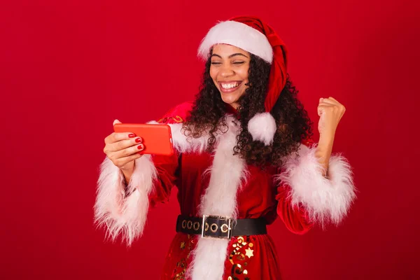 Beautiful Brazilian Black Woman Dressed Santa Claus Christmas Clothes Celebrating — Stock Photo, Image