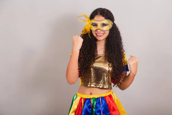 Jovencita Adolescente Brasileña Con Ropa Frevo Carnaval Mascara Celebrando — Foto de Stock