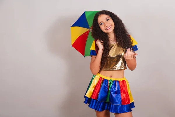 Adolescenta Tanara Braziliana Haine Frevo Carnaval Umbrela Invitând Mâinile — Fotografie, imagine de stoc