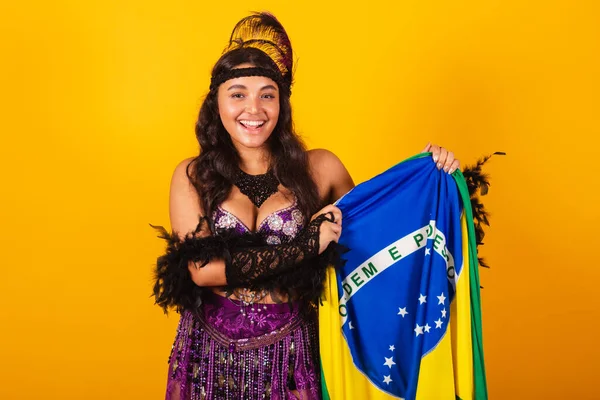 Mulher Brasileira Vestindo Roupas Carnaval Segurando Bandeira — Fotografia de Stock
