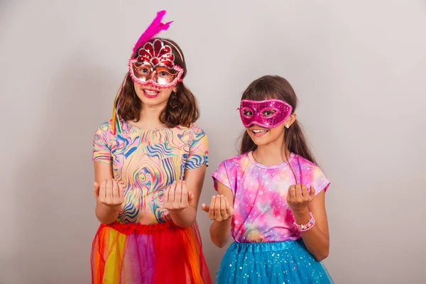 Two Brazilian Children Girls Dressed Carnival Clothes Inviting Hands — Stock Photo, Image