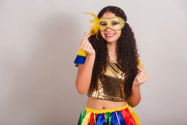 Young Teen Girl Brazilian Frevo Clothes Carnival Mascara Heart Sign — Stock Photo, Image