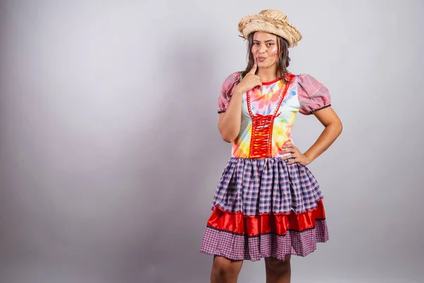 Femme Brésilienne Vêtue Vêtements Campagne Fête Joo Fête Junina Cabine — Photo