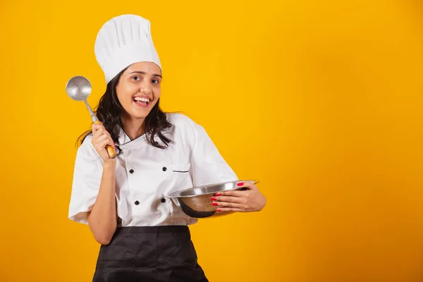 Brazilian Woman Head Chef Cook Holding Spoon Bowl Mixing — Stock Photo, Image
