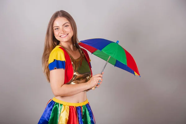 Brazilian Blonde Woman Dressed Frevo Clothes Carnival Colorful Frevo Umbrella — Stock Photo, Image