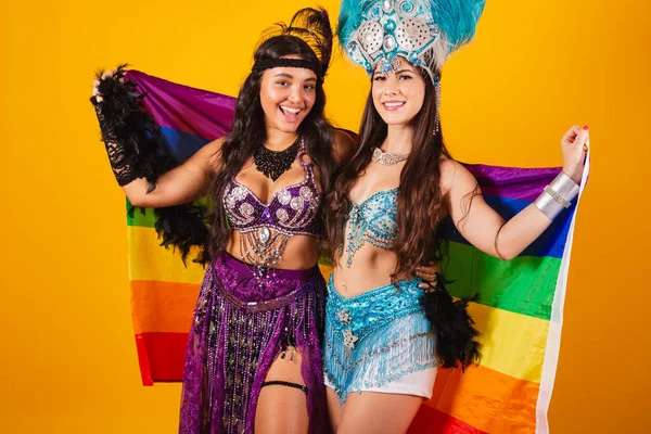 Two Female Brazilian Female Friends Wearing Carnival Outfits Holding Lgb — Stock Photo, Image