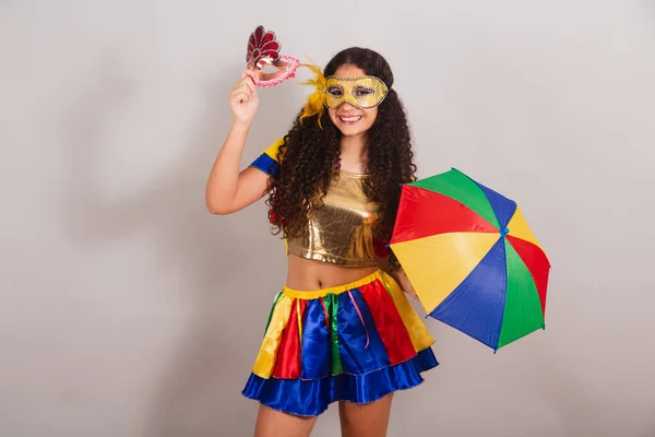 Jovem Adolescente Brasileira Com Roupas Frevo Carnaval Segurando Máscara Frevo — Fotografia de Stock