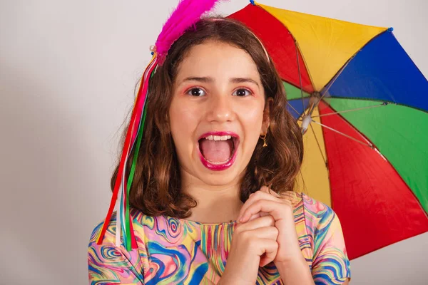 Brazilian Child Girl Dressed Carnival Clothes Frevo Umbrella Close Photo — Stock Photo, Image
