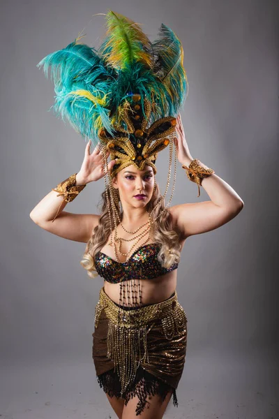 垂直拍摄 半身躯 美丽的巴西女人在狂欢节的衣服 摆出姿势拍照 — 图库照片