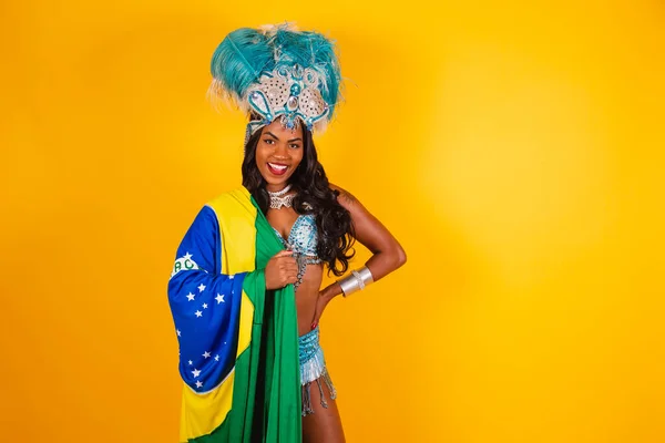 Горизонтальное Наполовину Тело Черная Бразилька Карнавальной Одежде Бразильским Флагом — стоковое фото