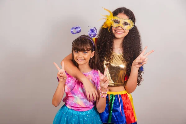 Two Brazilian Girls Friends Dressed Carnival Clothes Embraced Posing Playing — Stock Photo, Image