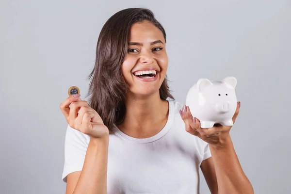 Brazilian Woman Piggy Bank Coin Finance Savings Investment — Stock Photo, Image