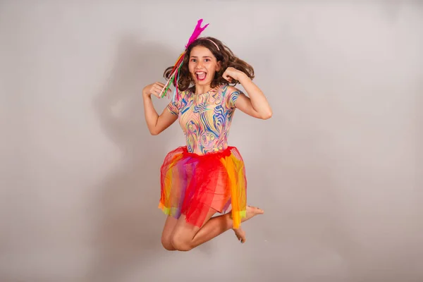 Criança Brasileira Menina Vestida Com Roupa Carnaval Pulando Para Foto — Fotografia de Stock