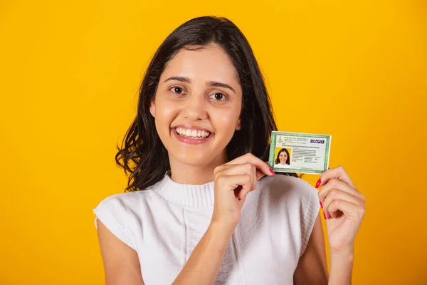 Beautiful Brazilian Woman Holding Brazilian Identification Document — Stock Photo, Image