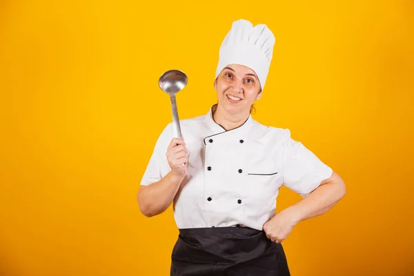 Adult Brazilian Woman Chef Master Gastronomy Cook Holding Big Spoon — Stock Photo, Image