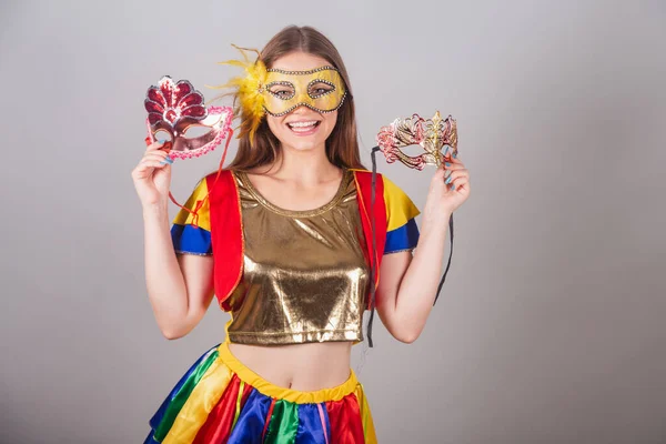 Braziliaanse Blonde Vrouw Gekleed Frevo Kleding Carnaval Masker Met Carnaval — Stockfoto