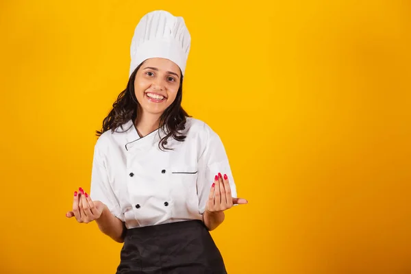 Femme Brésilienne Chef Cuisinier Invitant Avec Les Mains — Photo