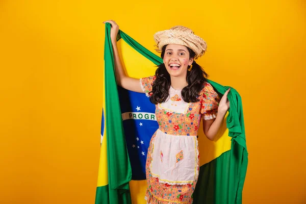 Donna Brasiliana Con Abiti Festa Junina Con Bandiera Del Brasile — Foto Stock