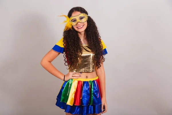 Jovem Adolescente Brasileira Com Roupas Frevo Carnaval Máscara Mãos Nos — Fotografia de Stock