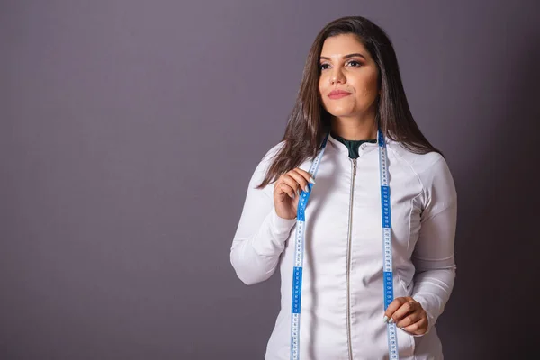 Horizontal Photo Brazilian Woman Medical Coat Nutritionist Measuring Tape Slimming — Stock Photo, Image