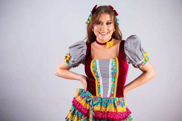 Όμορφη Βραζιλιάνα Κάντρι Ρούχα Festa Joo Festa Junina Κάνοντας Αστεία — Φωτογραφία Αρχείου