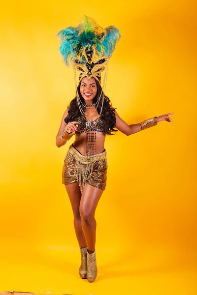 Vertikales Foto Ganzkörper Schwarze Brasilianerin Karnevalskleidung Posiert Für Ein Foto — Stockfoto