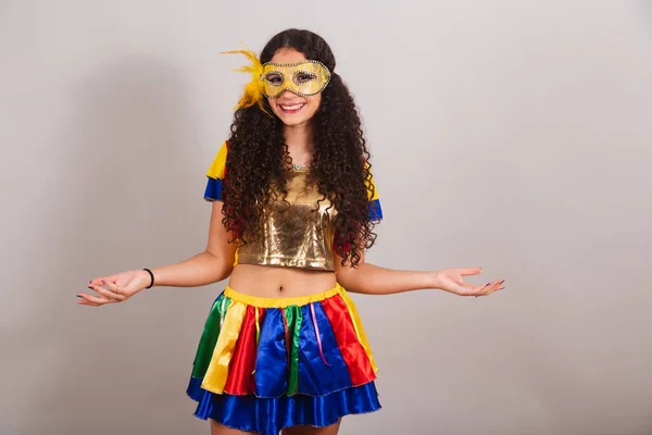 Young Teen Girl Brazilian Frevo Clothes Carnival Mascara Open Arms — Stock Photo, Image