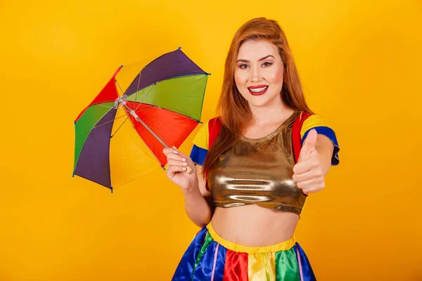 Brazilian Redhead Carnival Clothes Frevo Colorful Parasol Thumbs Positive — Stock Photo, Image