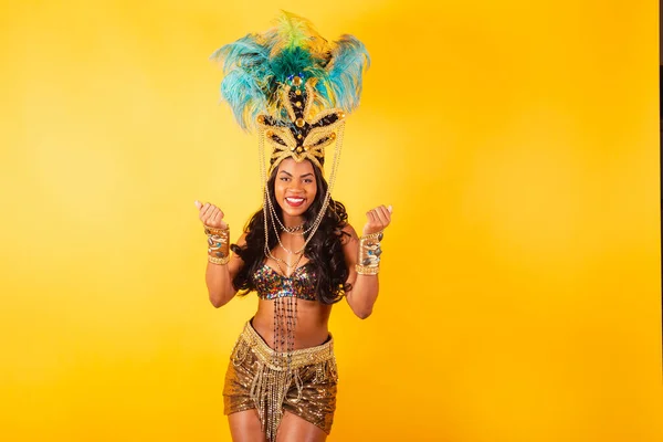 Half Body Horizontal Shot Beautiful Black Woman Carnival Clothes Inviting — Stock Photo, Image