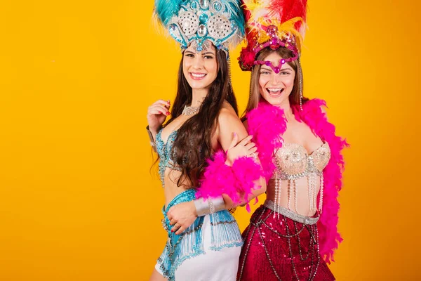 Two Brazilian Female Friends Queen Clothes Samba School Carnival Feather — Stock Photo, Image