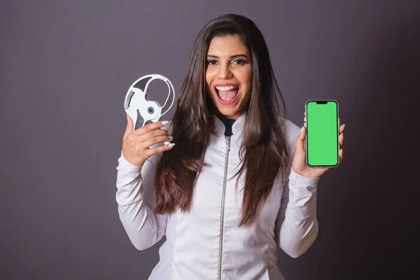 Horizontal Photo Brazilian Woman Medical Coat Nutritionist Adipometer Smartphone Green — Stock Photo, Image