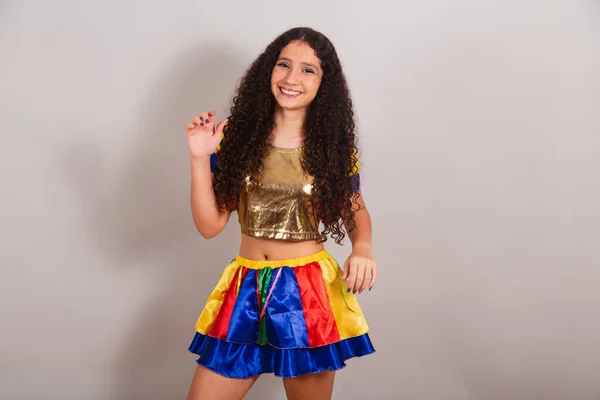 Jovem Adolescente Brasileira Com Roupas Frevo Carnaval Samba Dançante — Fotografia de Stock