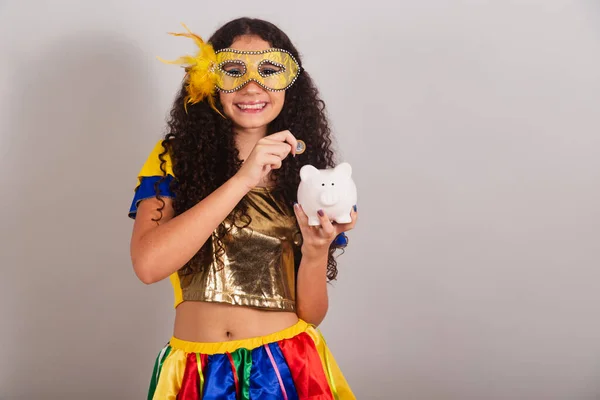 Νεαρή Έφηβη Βραζιλιάνα Ρούχα Frevo Καρναβάλι Κουμπαράς Και Κέρμα Κοντινή — Φωτογραφία Αρχείου